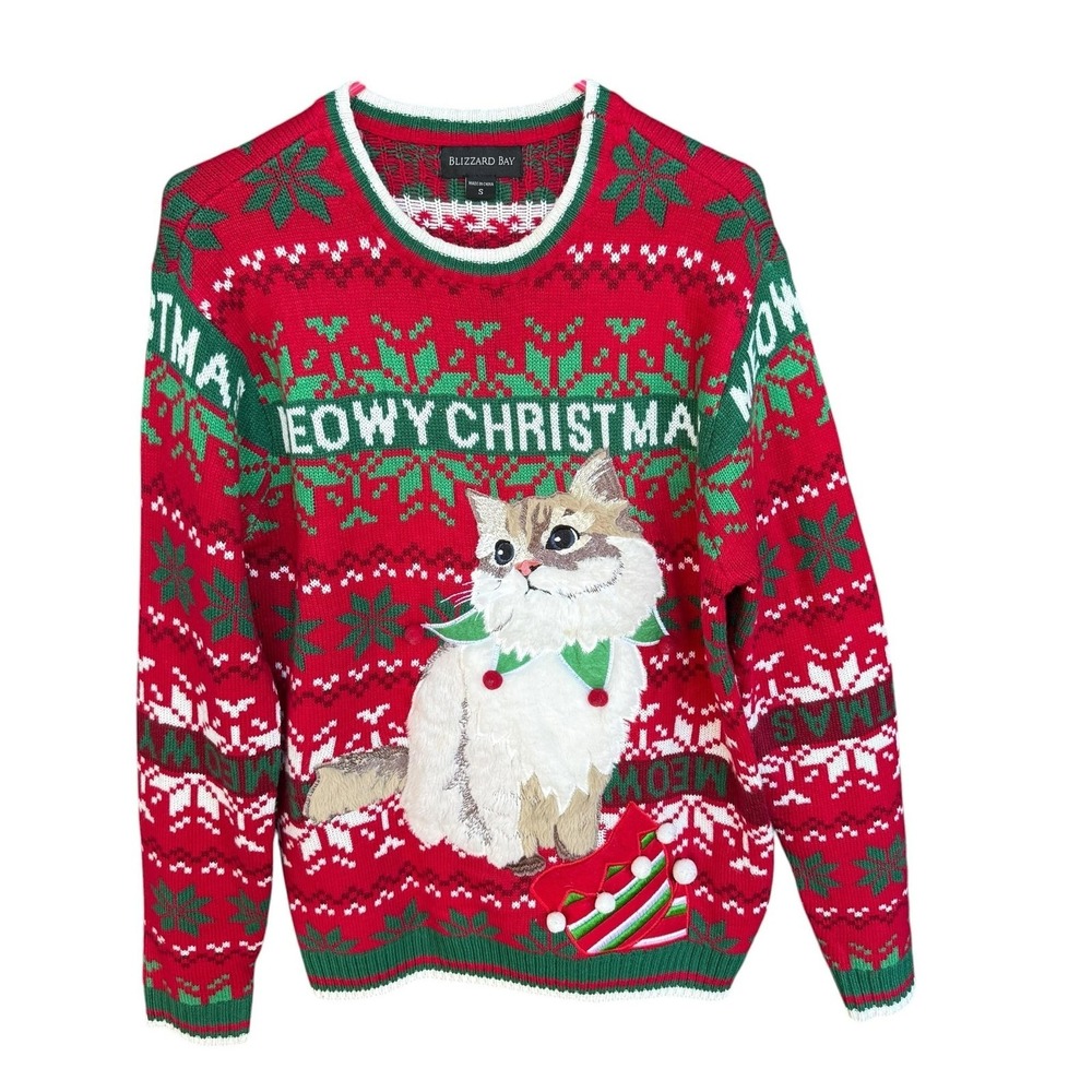 Blizzard Bay Sweater Mens Small Red Meowy Christmas Cat Ugly Holiday Pompom